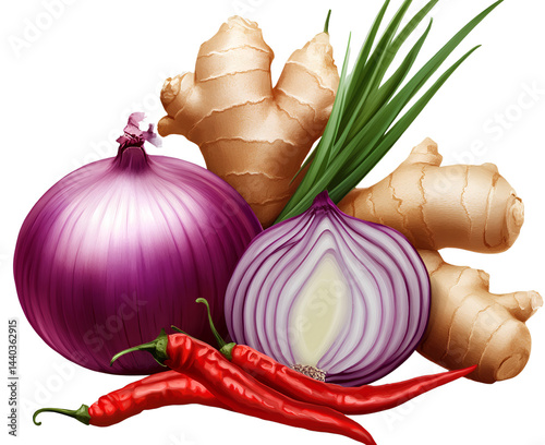 Onions, ginger, and chili peppers on a transparent background