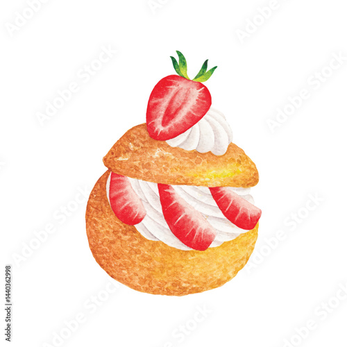 Watercolor illustration of a strawberry cream puff pastry (choux) with wipped cream and fresh strawberries. Ideal for bakery menus, packaging, label, and banner designs.