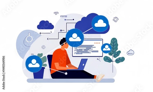 Wallpaper Mural A person working on a laptop amidst a digital cloud environment with icons and greenery Torontodigital.ca