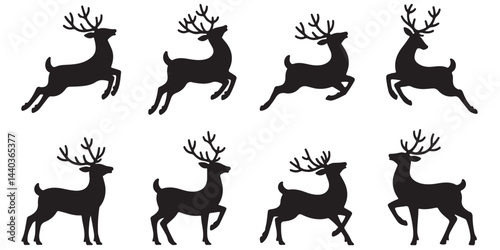  set of black vector reindeer, Christmas reindeer, deer, wild deer silhouettes