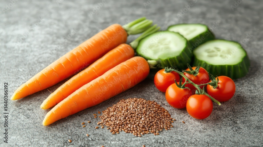 Fresh vegetables and seeds on speckled table Fresh vegetables and seeds on speckled table