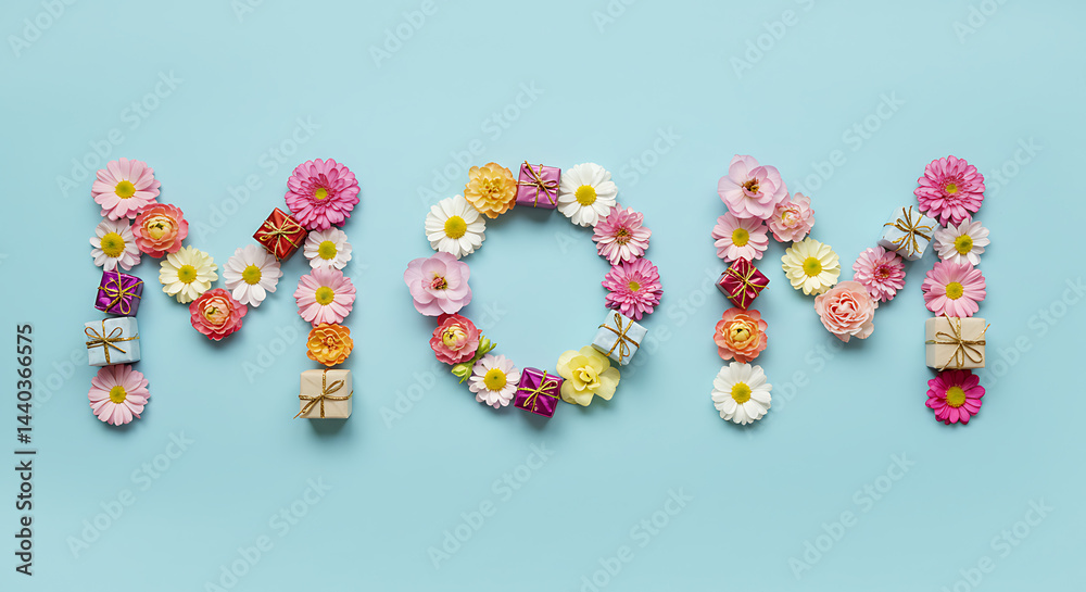 CREATIVE CONCEPT WITH THE WORD 'MOM' SPELLED OUT USING FLOWERS AND SMALL GIFTS ON A PASTEL BACKGROUND CREATIVE CONCEPT WITH THE WORD 'MOM' SPELLED OUT USING FLOWERS AND SMALL GIFTS ON A PASTEL BACKGROUND