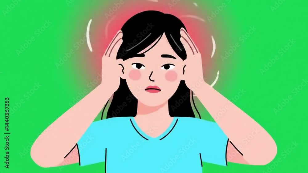 Animated Woman Experiencing Headache Against Green Background Animated Woman Experiencing Headache Against Green Background