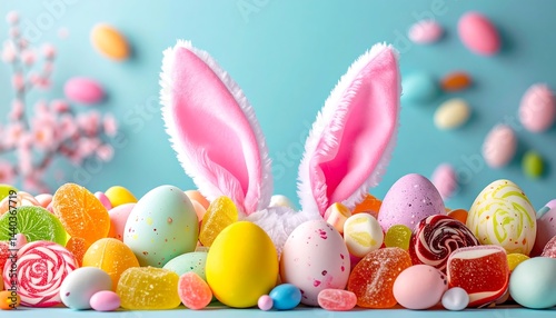 Wallpaper Mural Colorful Easter Bunny Ears Among Candy and Easter Eggs on a Bright Background Torontodigital.ca