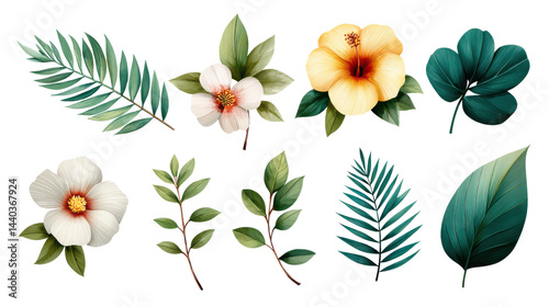 Collection of tropical and botanical leaves and flowers including palm fronds hibiscus and white flower illustrations for nature design visuals