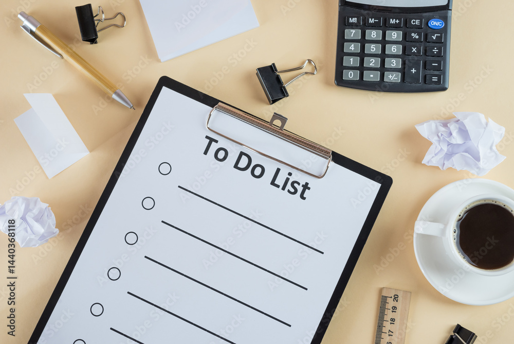 to do list on clipboard with office supplies, isolated on beige background
