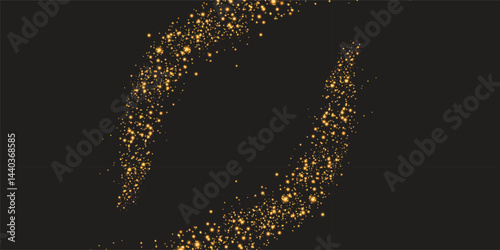 Shiny abstract golden lights. Blurred bokeh illustration with empty dark center. Abstract soft gold sparkle blur with black background. Glowing elegant frame.