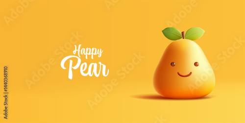 Happy comic character of a pear smiling, 3D. For advertising concepts of pear juice, yogurts, ingredients, goods, and products. Childhood, toy. Vector illustration.