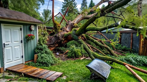 Large tree falls in a backyard, narrowly missing a shed and damaging a grill and fence