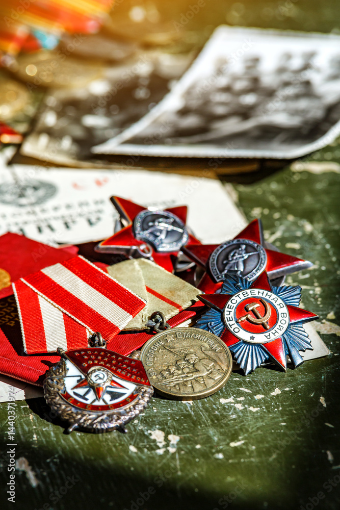 Naklejka premium Orders and medals of the USSR.Awards of the Second world war close-up.Victory Day - 9 of may 1945. Soviet military awards.Phaleristics.Antikvariat.