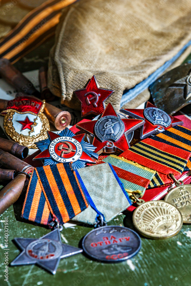 Naklejka premium Orders and medals of the USSR.Awards of the Second world war close-up.Victory Day - 9 of may 1945. Soviet military awards.Phaleristics.Antikvariat.