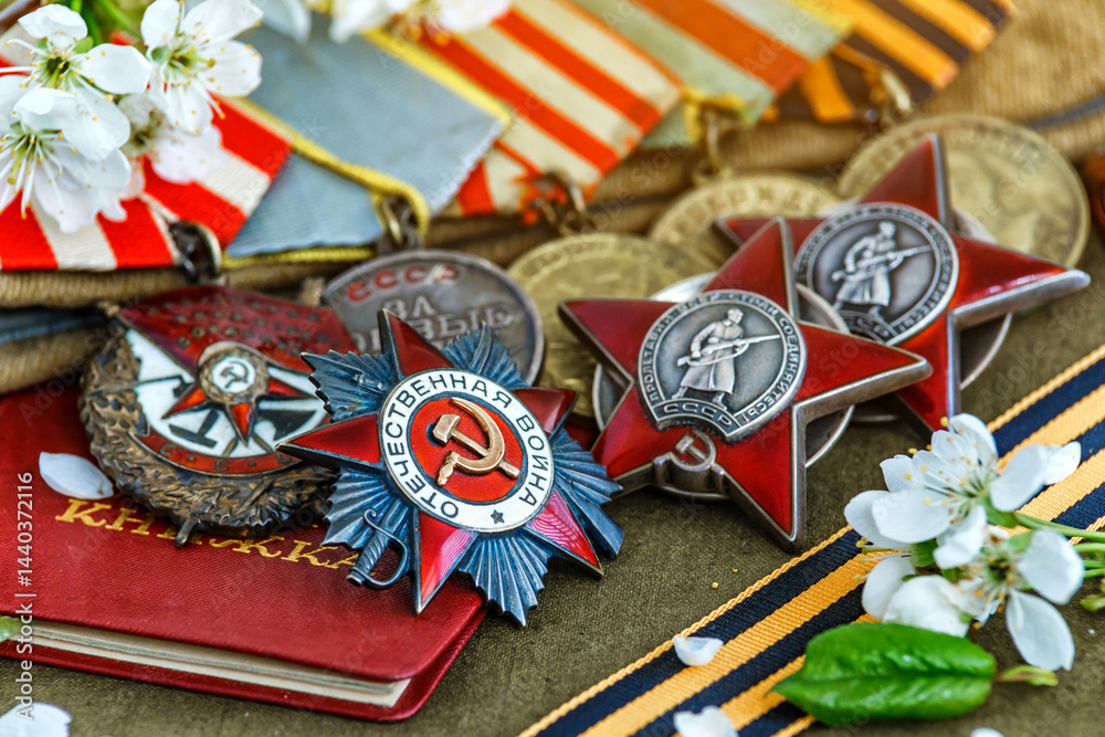 Naklejka premium Orders and medals of the USSR.Awards of the Second world war close-up.Victory Day - 9 of may 1945. Soviet military awards.Phaleristics.Antikvariat.