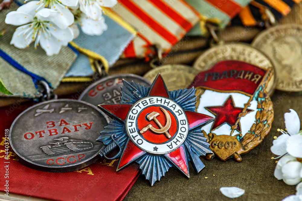 Naklejka premium Orders and medals of the USSR.Awards of the Second world war close-up.Victory Day - 9 of may 1945. Soviet military awards.Phaleristics.Antikvariat.