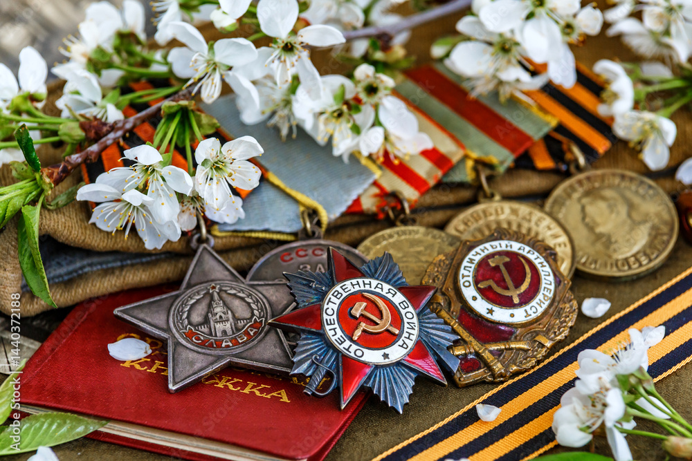 Naklejka premium Orders and medals of the USSR.Awards of the Second world war close-up.Victory Day - 9 of may 1945. Soviet military awards.Phaleristics.Antikvariat.