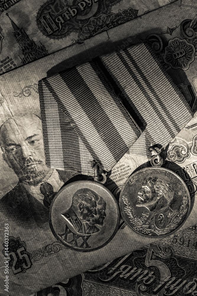 Naklejka premium Orders and medals of the USSR.Awards of the Second world war close-up.Victory Day - 9 of may 1945. Soviet military awards.Phaleristics.Antikvariat.