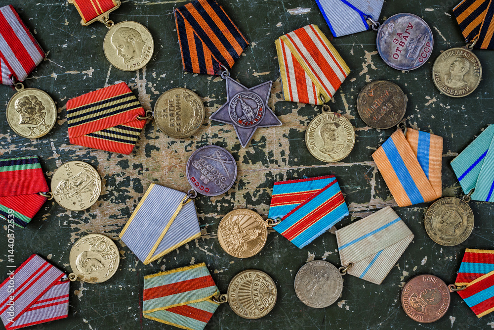 Naklejka premium Orders and medals of the USSR.Awards of the Second world war close-up.Victory Day - 9 of may 1945. Soviet military awards.Phaleristics.Antikvariat.
