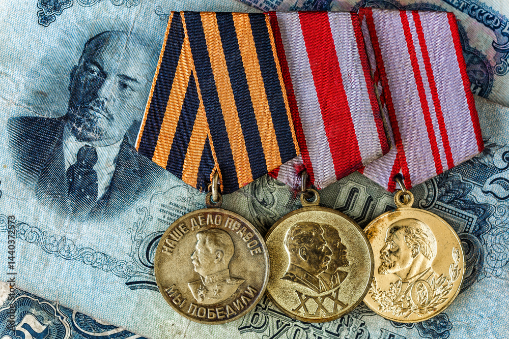 Naklejka premium Orders and medals of the USSR.Awards of the Second world war close-up.Victory Day - 9 of may 1945. Soviet military awards.Phaleristics.Antikvariat.
