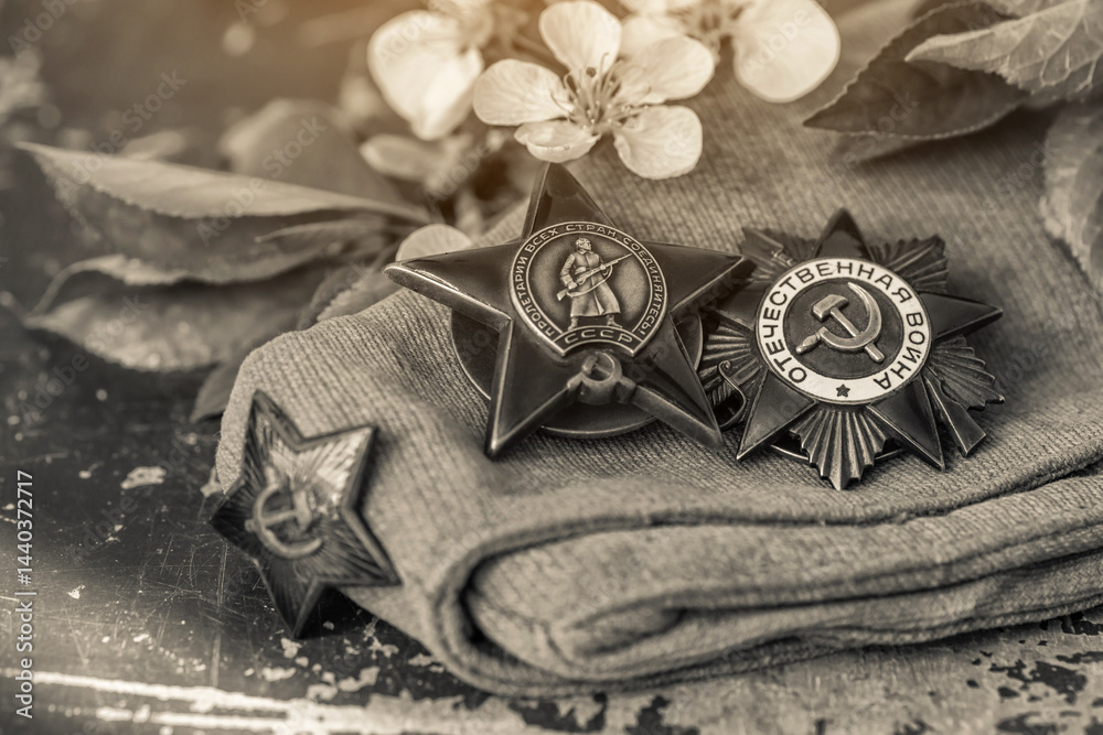 Naklejka premium Orders and medals of the USSR.Awards of the Second world war close-up.Victory Day - 9 of may 1945. Soviet military awards.Phaleristics.Antikvariat.