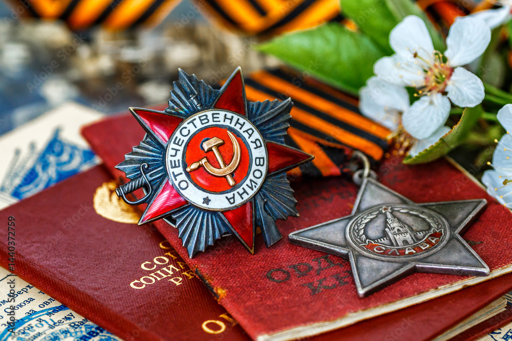 Naklejka premium Orders and medals of the USSR.Awards of the Second world war close-up.Victory Day - 9 of may 1945. Soviet military awards.Phaleristics.Antikvariat.