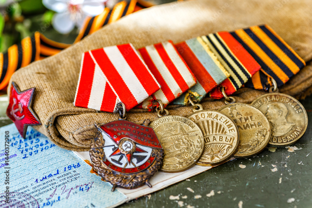 Naklejka premium Orders and medals of the USSR.Awards of the Second world war close-up.Victory Day - 9 of may 1945. Soviet military awards.Phaleristics.Antikvariat.