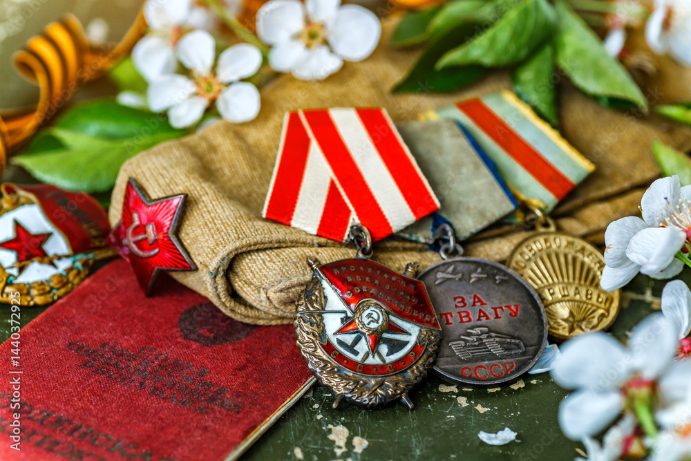 Naklejka premium Orders and medals of the USSR.Awards of the Second world war close-up.Victory Day - 9 of may 1945. Soviet military awards.Phaleristics.Antikvariat.
