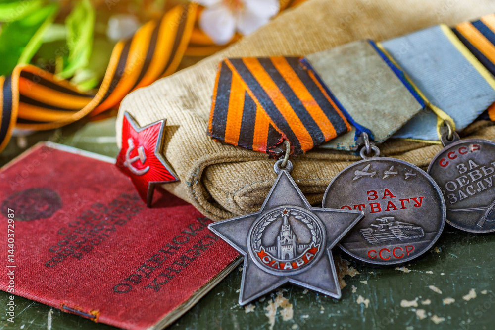 Naklejka premium Orders and medals of the USSR.Awards of the Second world war close-up.Victory Day - 9 of may 1945. Soviet military awards.Phaleristics.Antikvariat.