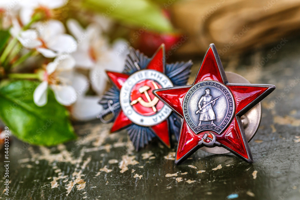Naklejka premium Orders and medals of the USSR.Awards of the Second world war close-up.Victory Day - 9 of may 1945. Soviet military awards.Phaleristics.Antikvariat.