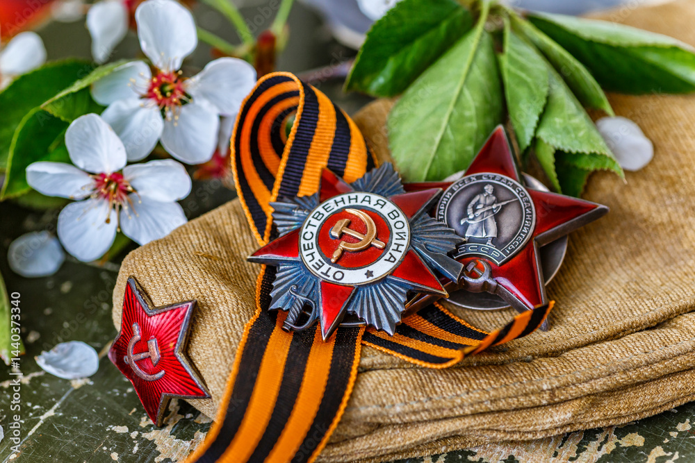 Naklejka premium Orders and medals of the USSR.Awards of the Second world war close-up.Victory Day - 9 of may 1945. Soviet military awards.Phaleristics.Antikvariat.
