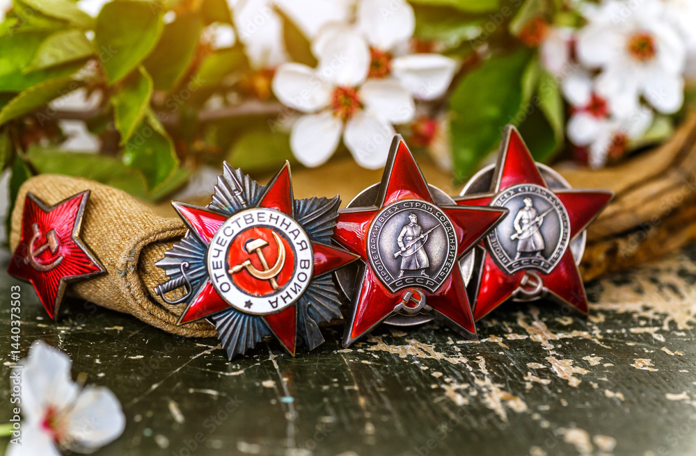 Fototapeta premium Orders and medals of the USSR.Awards of the Second world war close-up.Victory Day - 9 of may 1945. Soviet military awards.Phaleristics.Antikvariat.