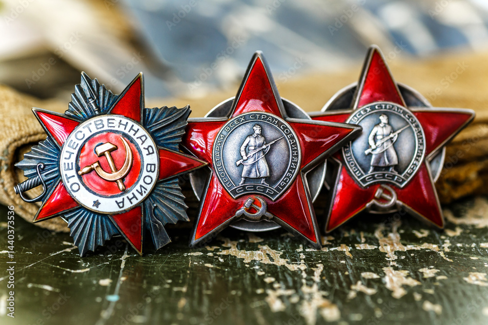 Naklejka premium Orders and medals of the USSR.Awards of the Second world war close-up.Victory Day - 9 of may 1945. Soviet military awards.Phaleristics.Antikvariat.