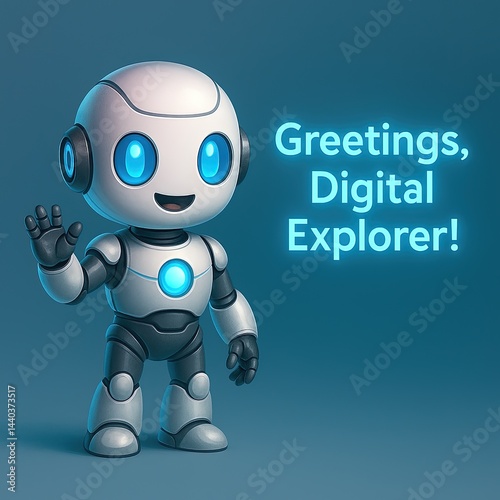 Friendly Little Robot Waving and Greeting Digital Explorers in a Futuristic World