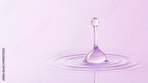 A single, teardrop-shaped water droplet hangs above a calm surface, creating delicate concentric ripples on a pale purple background