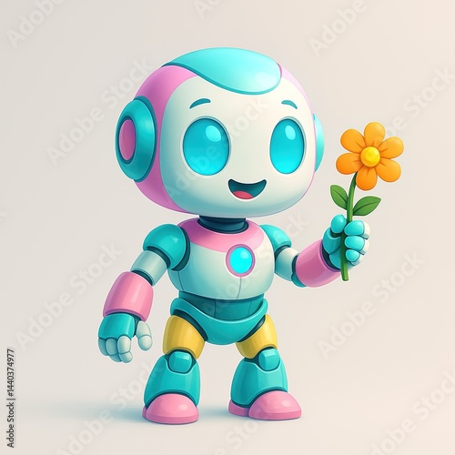 Cute Colorful Robot Holding Flower, Futuristic Friendly Character