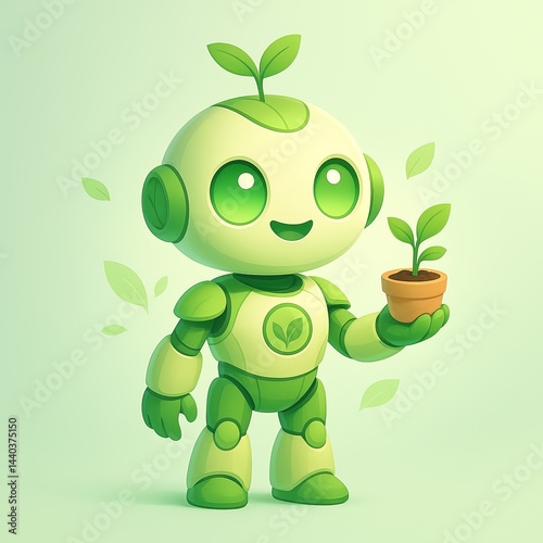 Adorable Eco Robot Holding Plant Pot, Green Technology Futuristic Character