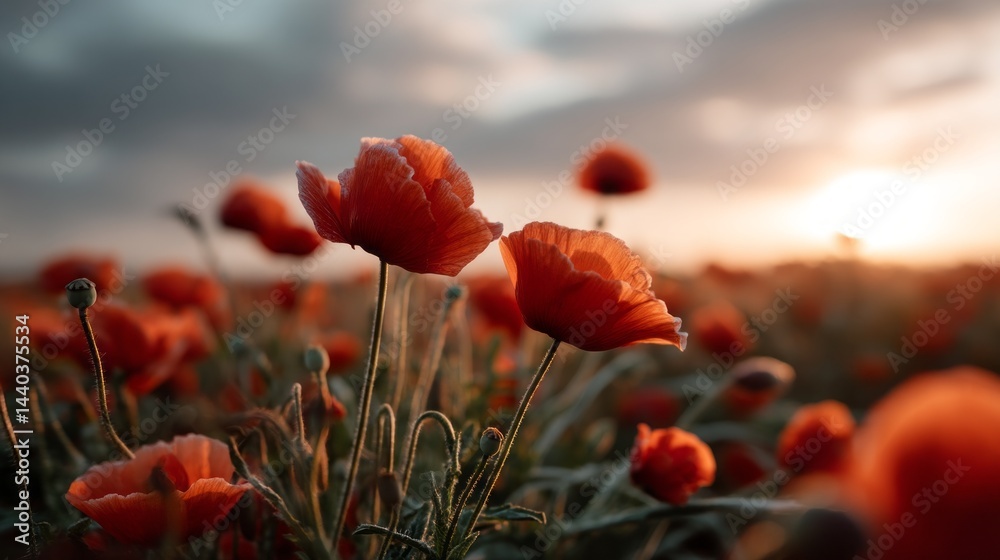 Obraz premium Fields filled with blooming red flowers sway gently in the evening breeze as the sun sets behind distant clouds, casting a warm, golden light over the landscape, offering a tranquil moment of beauty