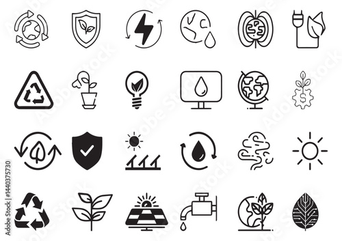 Set of 24 outline ecology and environment, recycling, nature protection, renewable energy and sustainable technology Vector illustration and with recycling editable vector isolated