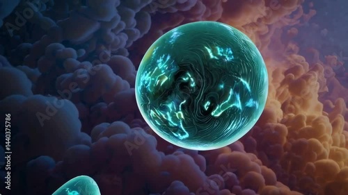 Microscopic view of glowing cyanobacteria releasing oxygen in the atmosphere, creating oxygenic photosynthesis, an essential process for life on earth photo