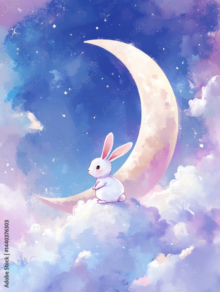 Bunny Strolls on Moon Crescent Surrounded by Fluffy Clouds in a Soft Evening Sky Filled With Stars