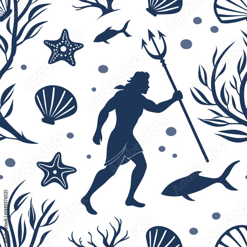 Silhouette of a powerful underwater figure holding a trident amidst marine life and sea elements in a seamless pattern Generative AI