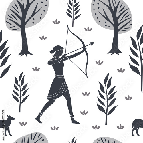 Female archer skillfully aims her bow in a forest setting surrounded by trees, plants, and animals during a tranquil day Generative AI
