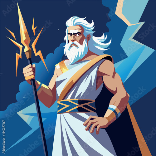 Zeus stands confidently with lightning spear under stormy skies in modern artistic representation Generative AI