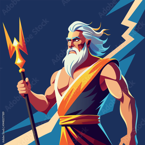 Powerful depiction of a mythological god wielding a trident and standing against a backdrop of lightning bolts in a dramatic pose Generative AI