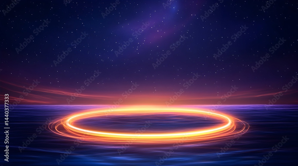 Fototapeta premium Glowing circular light floats on calm water, under a starry night sky with a vibrant sunset