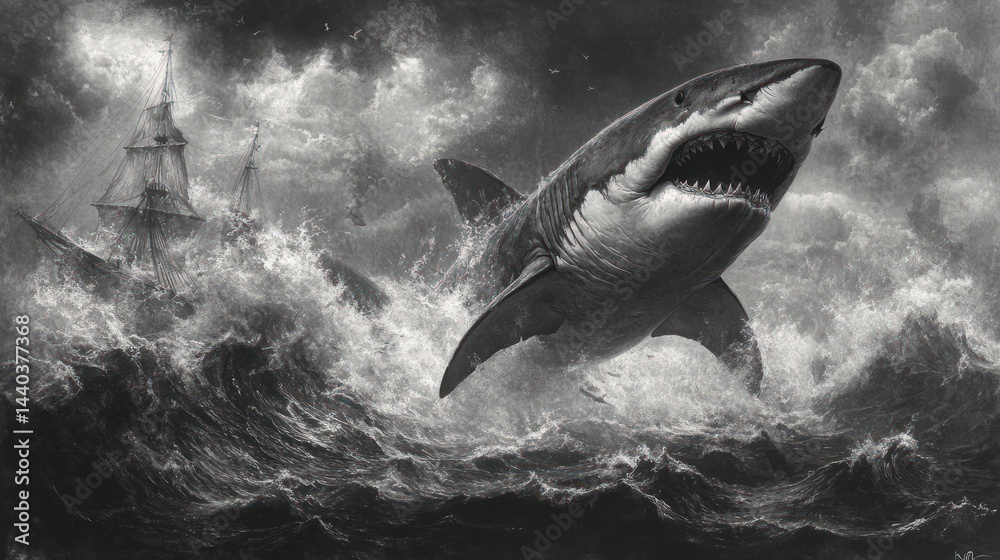 Fototapeta premium Massive shark in turbulent seas