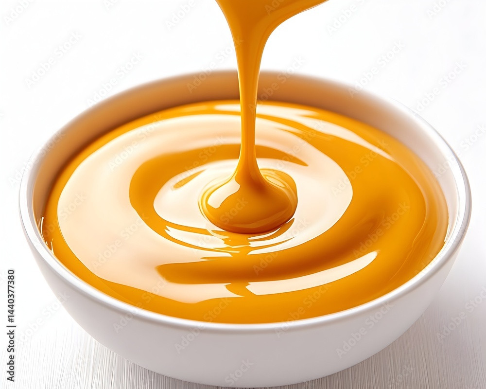Golden, creamy sauce pouring into a white bowl, creating swirling patterns Golden, creamy sauce pouring into a white bowl, creating swirling patterns