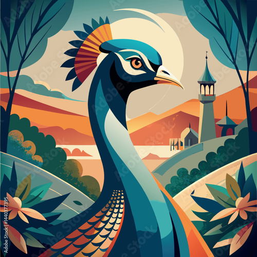 Colorful peacock in a serene landscape with a distant church and mountains during sunset Generative AI