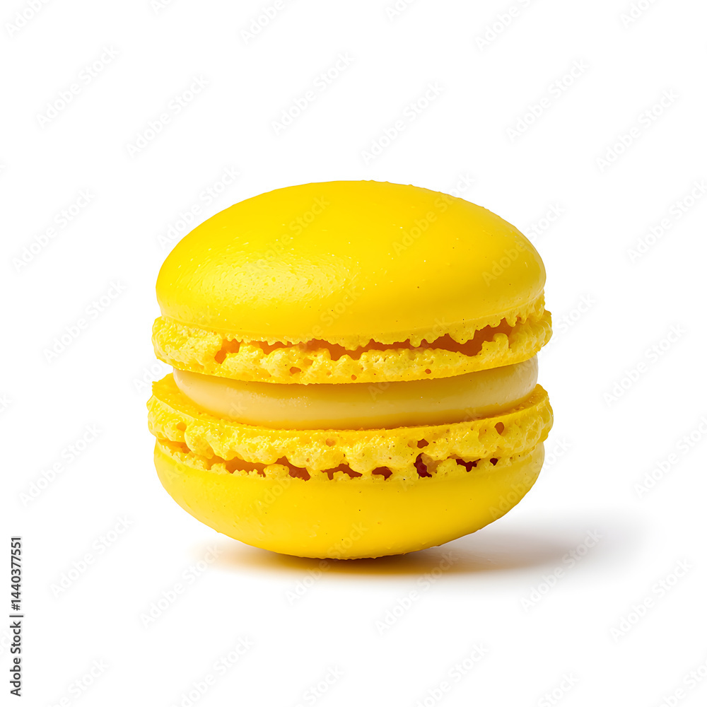 Yellow macaron isolated on white background. Lemon flavor macaron, banana macaron french delicate dessert