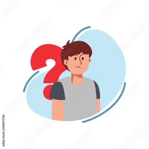Flat illustration of a confused boy standing with a large red question mark behind him, symbolizing doubt, uncertainty, or curiosity.