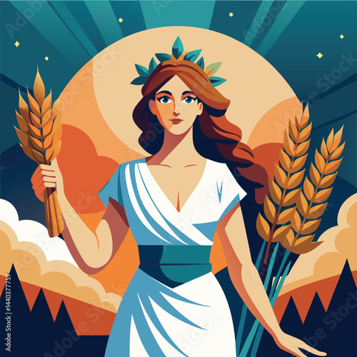 Beautiful figure representing harvest with wheat in hand, set against a colorful sunset in a whimsical landscape Generative AI