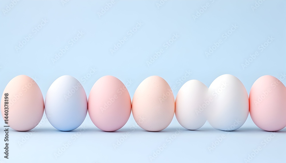 Pastel-colored eggs arranged in a row against a light blue background Pastel-colored eggs arranged in a row against a light blue background